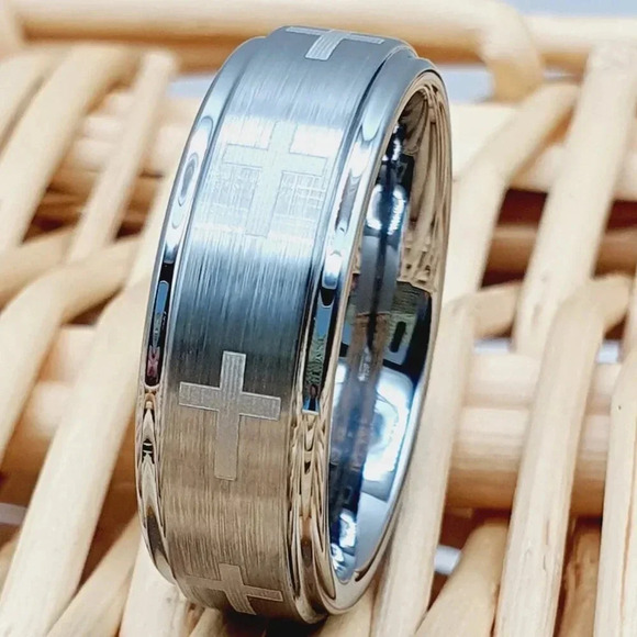 "Cross Silver Tungsten Wedding Band, GALTUN089 - Picture 1 of 5